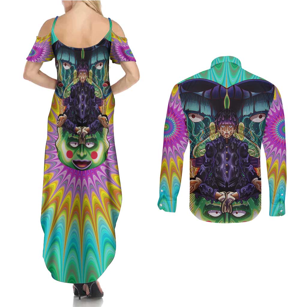 Trippy Meditating Shigeo Kageyama Mob Psycho 100 Couples Matching Summer Maxi Dress and Long Sleeve Button Shirt Trippy Mix Anime Style - The Mazicc