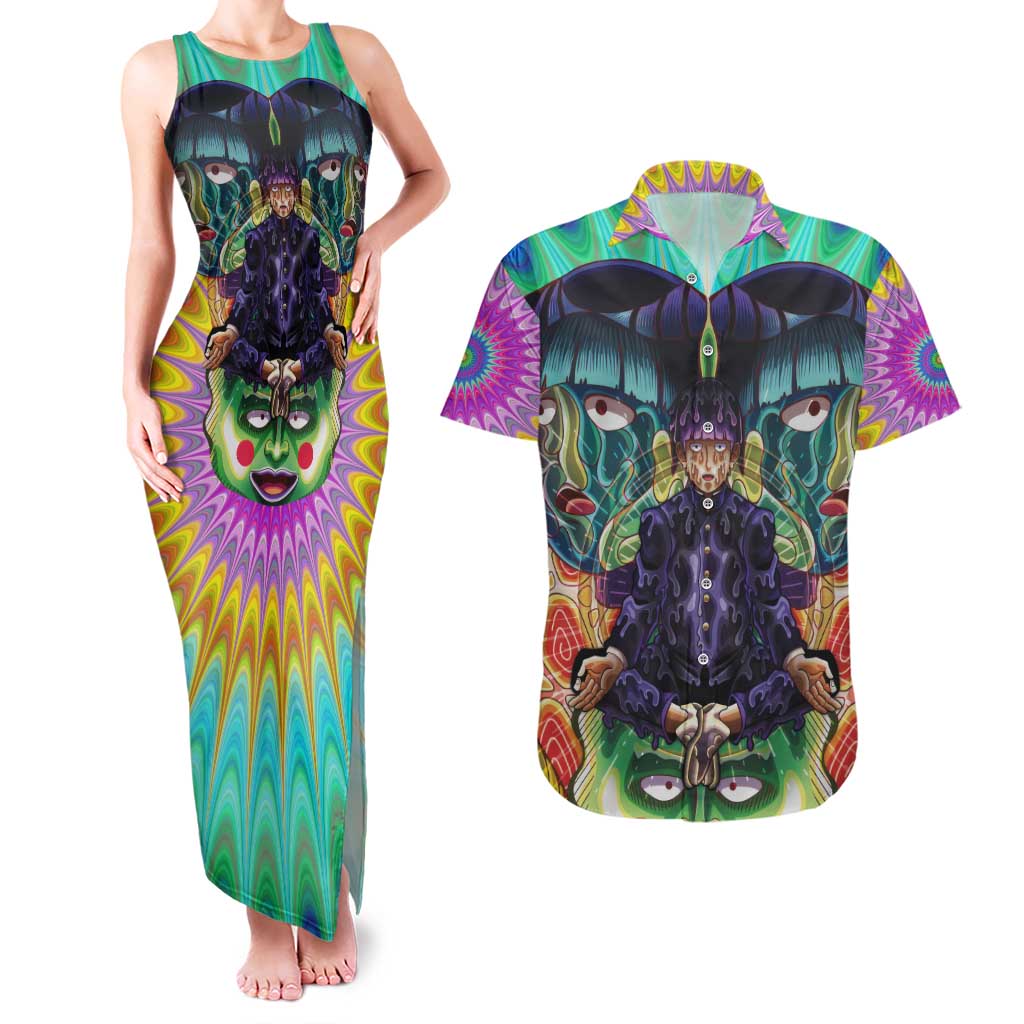 Trippy Meditating Shigeo Kageyama Mob Psycho 100 Couples Matching Tank Maxi Dress and Hawaiian Shirt Trippy Mix Anime Style - The Mazicc