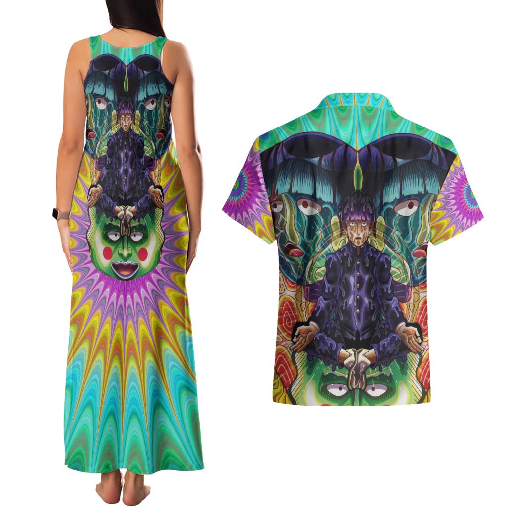 Trippy Meditating Shigeo Kageyama Mob Psycho 100 Couples Matching Tank Maxi Dress and Hawaiian Shirt Trippy Mix Anime Style - The Mazicc