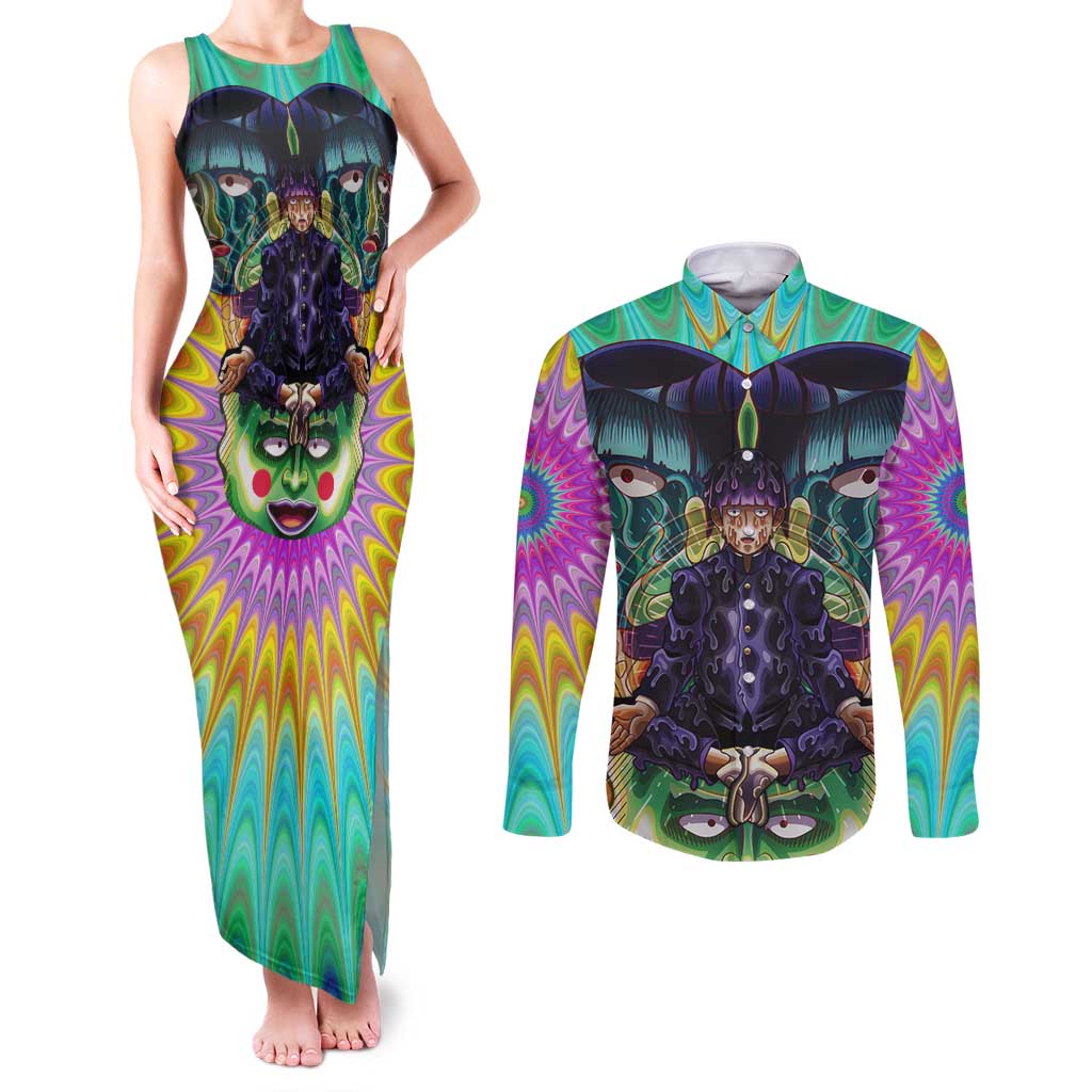 Trippy Meditating Shigeo Kageyama Mob Psycho 100 Couples Matching Tank Maxi Dress and Long Sleeve Button Shirt Trippy Mix Anime Style - The Mazicc