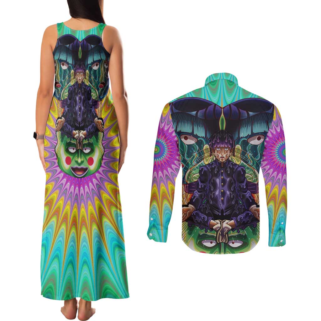 Trippy Meditating Shigeo Kageyama Mob Psycho 100 Couples Matching Tank Maxi Dress and Long Sleeve Button Shirt Trippy Mix Anime Style - The Mazicc