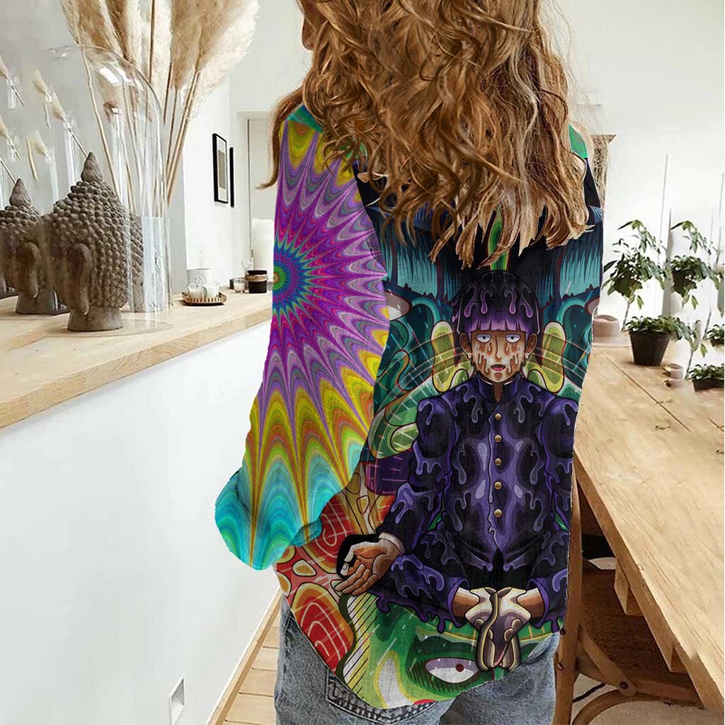 Trippy Meditating Shigeo Kageyama Mob Psycho 100 Women Casual Shirt Trippy Mix Anime Style - The Mazicc