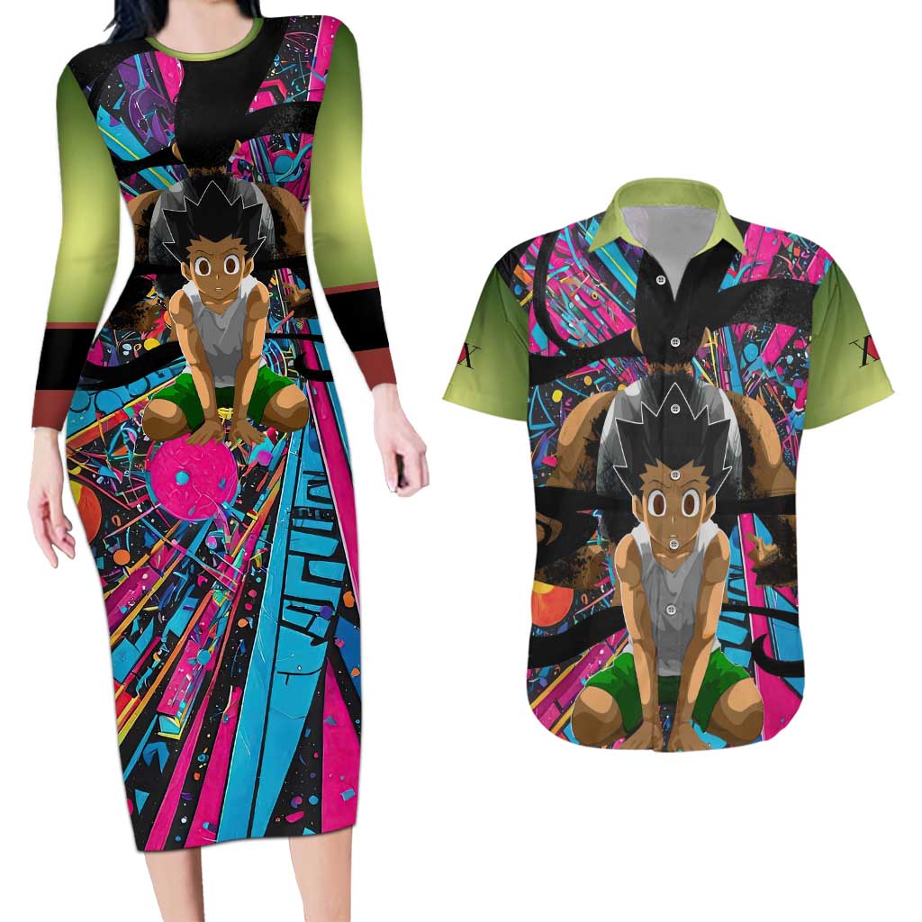 Trippy Gon Freecss Hunter X Hunter Couples Matching Long Sleeve Bodycon Dress and Hawaiian Shirt Trippy Mix Anime Style - The Mazicc