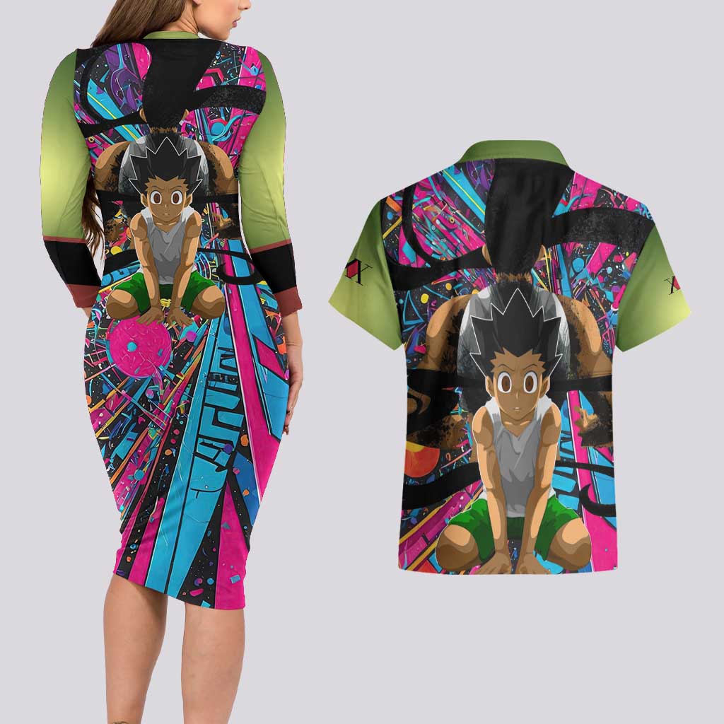 Trippy Gon Freecss Hunter X Hunter Couples Matching Long Sleeve Bodycon Dress and Hawaiian Shirt Trippy Mix Anime Style - The Mazicc