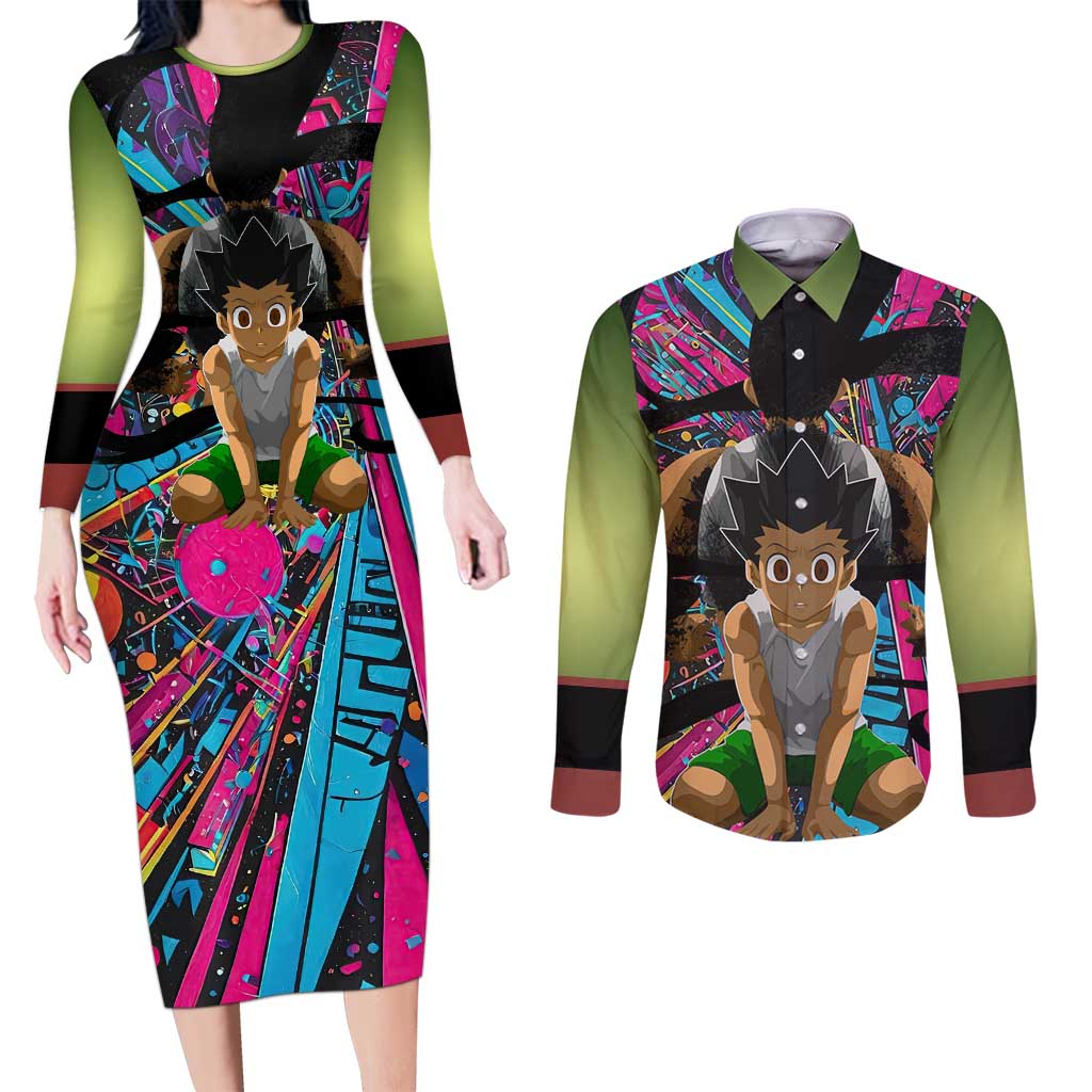 Trippy Gon Freecss Hunter X Hunter Couples Matching Long Sleeve Bodycon Dress and Long Sleeve Button Shirt Trippy Mix Anime Style - The Mazicc