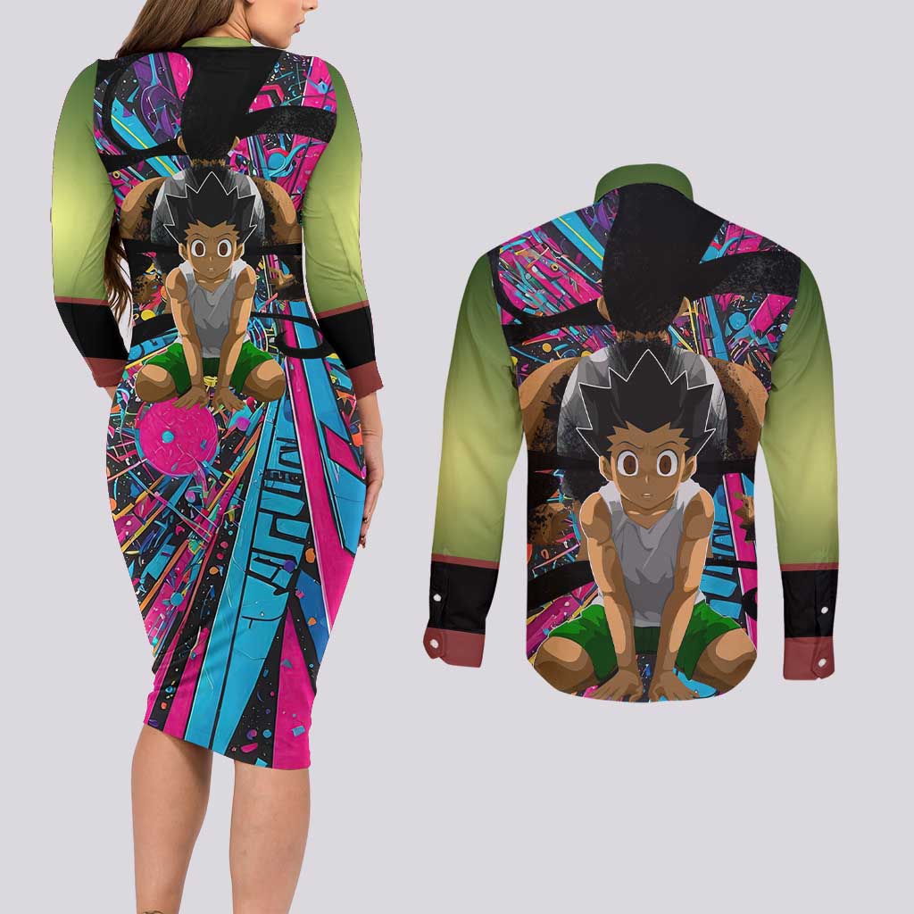 Trippy Gon Freecss Hunter X Hunter Couples Matching Long Sleeve Bodycon Dress and Long Sleeve Button Shirt Trippy Mix Anime Style - The Mazicc
