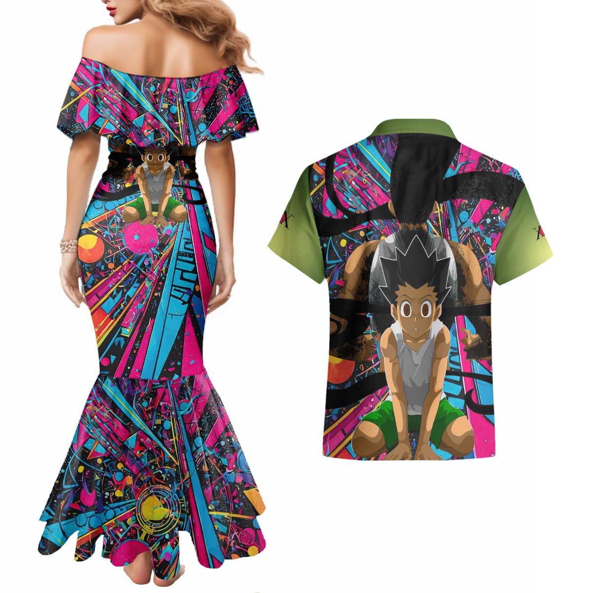 Trippy Gon Freecss Hunter X Hunter Couples Matching Mermaid Dress and Hawaiian Shirt Trippy Mix Anime Style - The Mazicc
