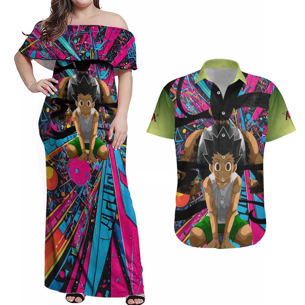 Trippy Gon Freecss Hunter X Hunter Couples Matching Off Shoulder Maxi Dress and Hawaiian Shirt Trippy Mix Anime Style - The Mazicc