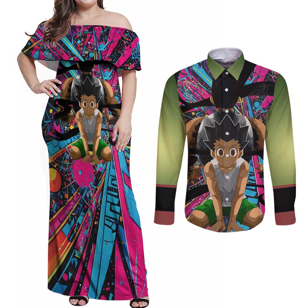 Trippy Gon Freecss Hunter X Hunter Couples Matching Off Shoulder Maxi Dress and Long Sleeve Button Shirt Trippy Mix Anime Style - The Mazicc