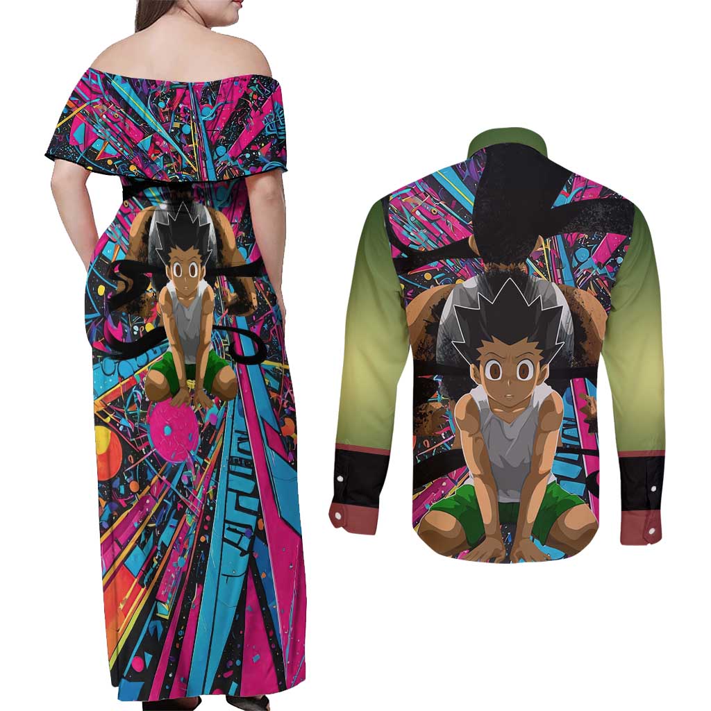 Trippy Gon Freecss Hunter X Hunter Couples Matching Off Shoulder Maxi Dress and Long Sleeve Button Shirt Trippy Mix Anime Style - The Mazicc