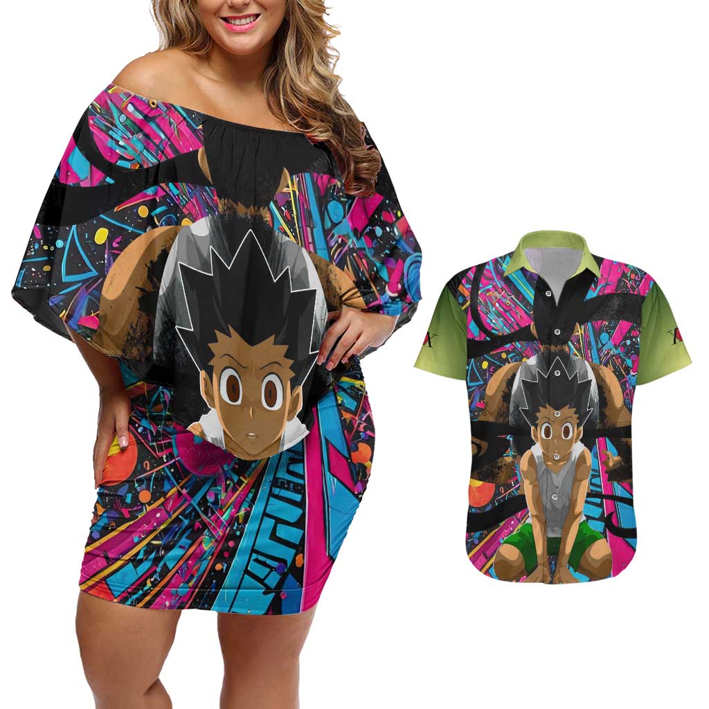 Trippy Gon Freecss Hunter X Hunter Couples Matching Off Shoulder Short Dress and Hawaiian Shirt Trippy Mix Anime Style - The Mazicc