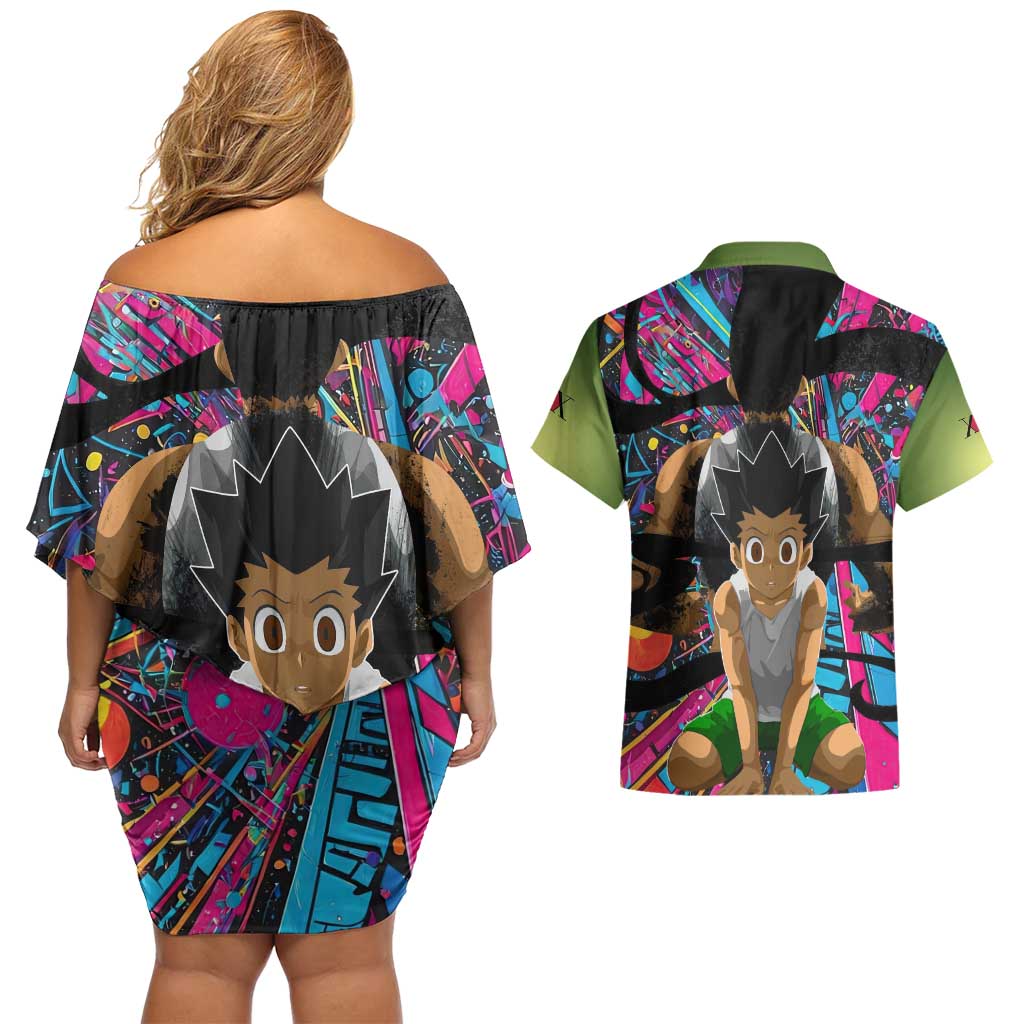 Trippy Gon Freecss Hunter X Hunter Couples Matching Off Shoulder Short Dress and Hawaiian Shirt Trippy Mix Anime Style - The Mazicc