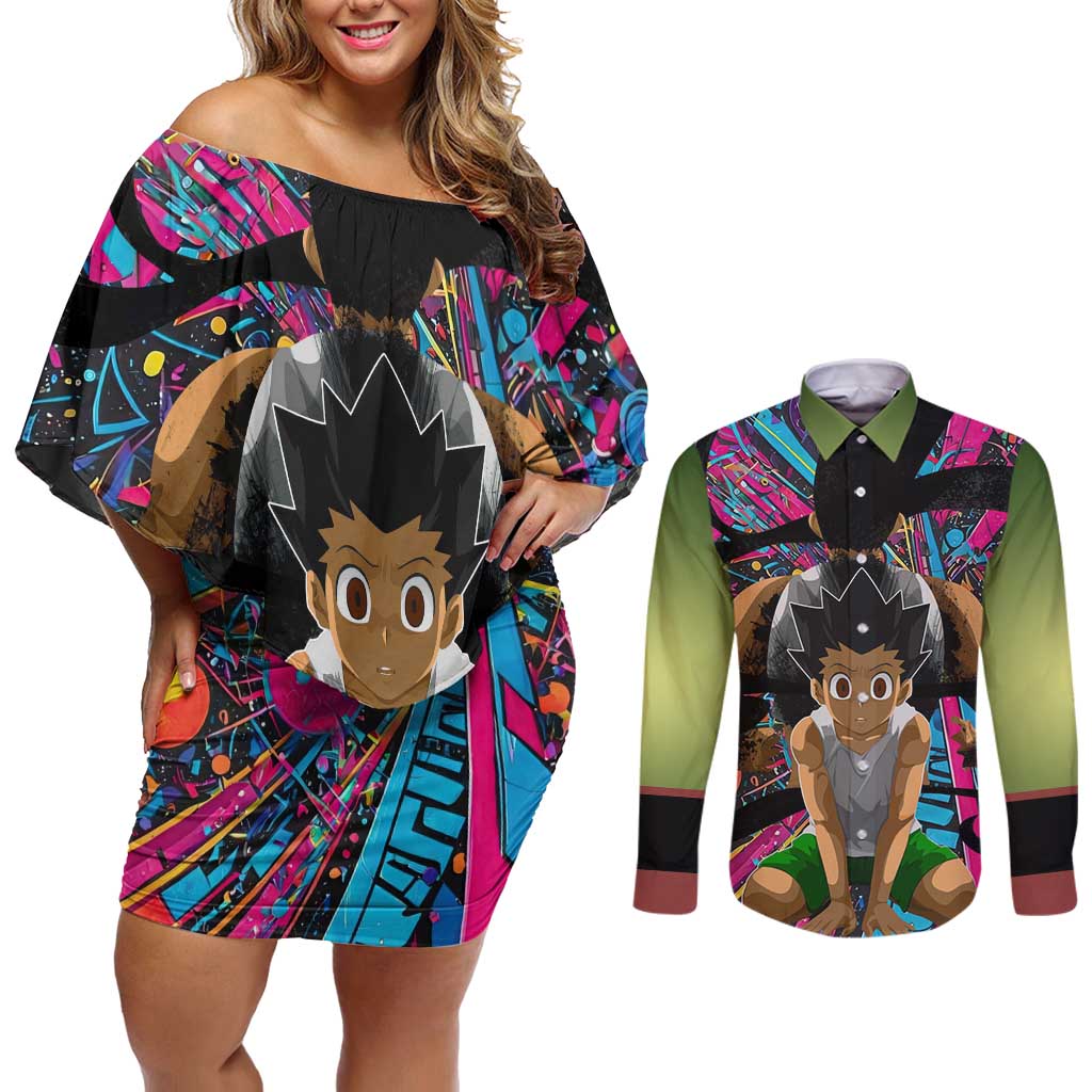 Trippy Gon Freecss Hunter X Hunter Couples Matching Off Shoulder Short Dress and Long Sleeve Button Shirt Trippy Mix Anime Style - The Mazicc