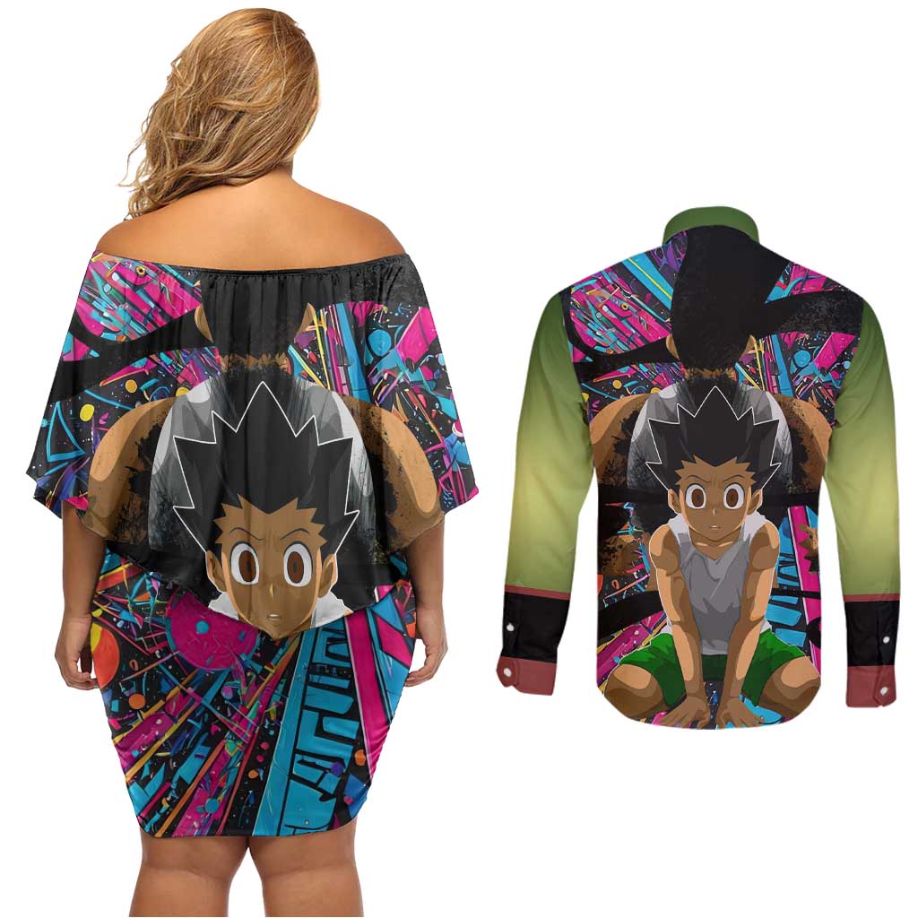 Trippy Gon Freecss Hunter X Hunter Couples Matching Off Shoulder Short Dress and Long Sleeve Button Shirt Trippy Mix Anime Style - The Mazicc
