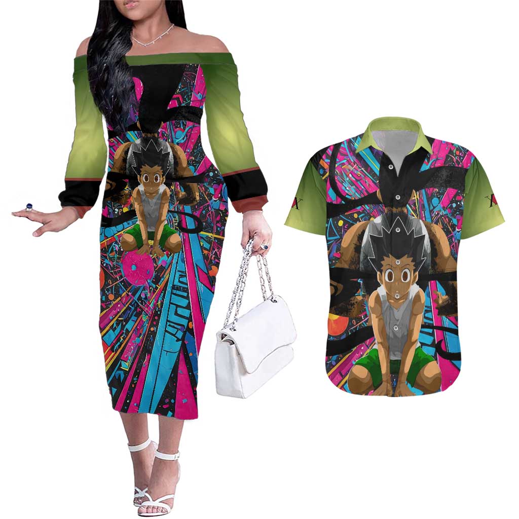 Trippy Gon Freecss Hunter X Hunter Couples Matching Off The Shoulder Long Sleeve Dress and Hawaiian Shirt Trippy Mix Anime Style - The Mazicc