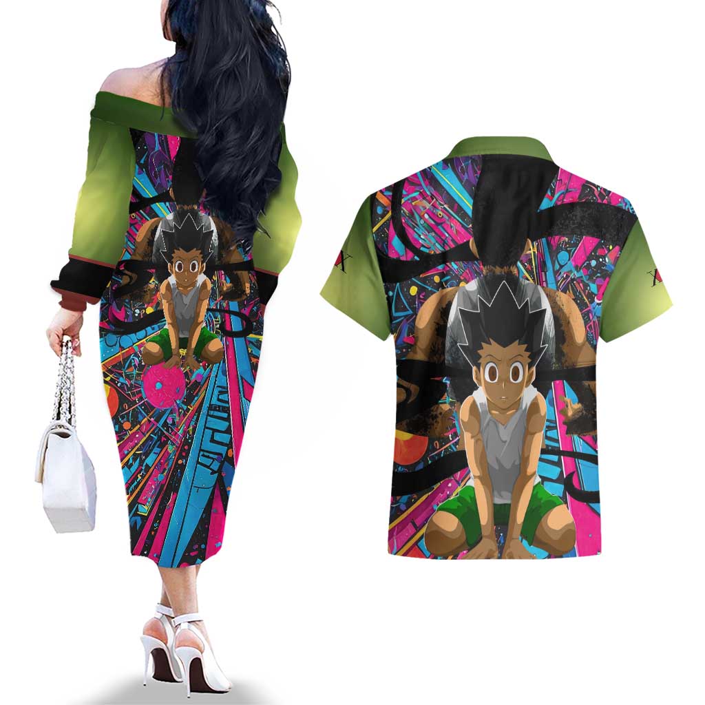 Trippy Gon Freecss Hunter X Hunter Couples Matching Off The Shoulder Long Sleeve Dress and Hawaiian Shirt Trippy Mix Anime Style - The Mazicc