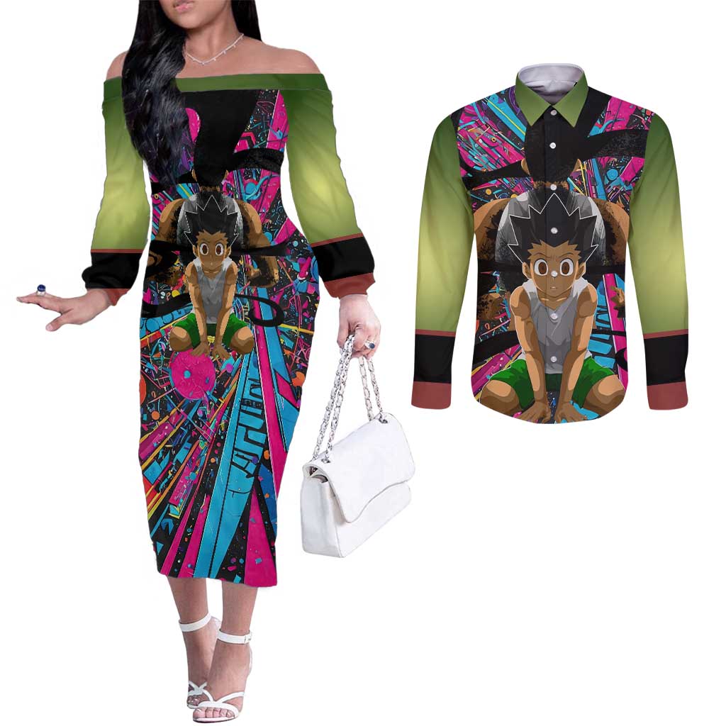 Trippy Gon Freecss Hunter X Hunter Couples Matching Off The Shoulder Long Sleeve Dress and Long Sleeve Button Shirt Trippy Mix Anime Style - The Mazicc