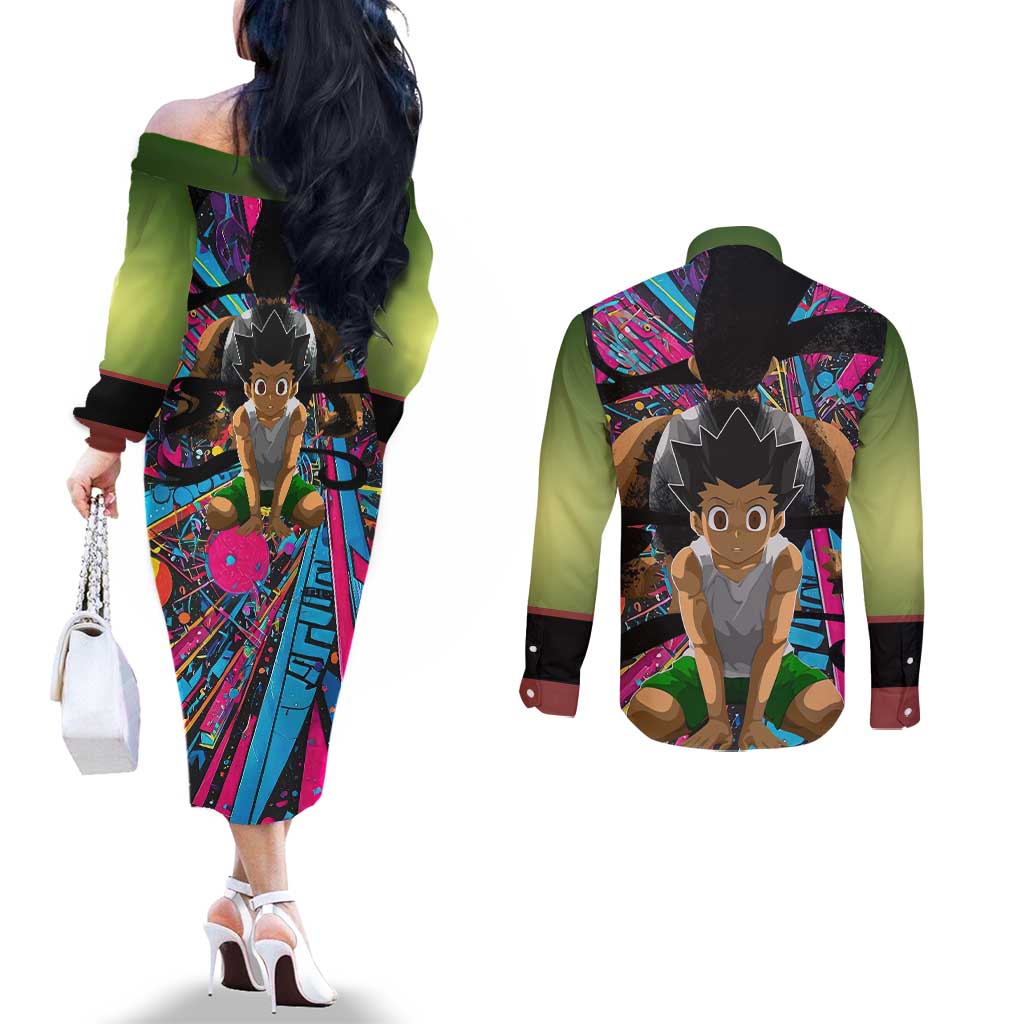 Trippy Gon Freecss Hunter X Hunter Couples Matching Off The Shoulder Long Sleeve Dress and Long Sleeve Button Shirt Trippy Mix Anime Style - The Mazicc