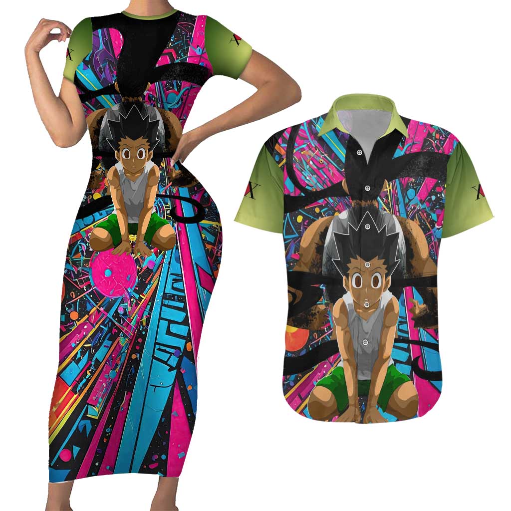 Trippy Gon Freecss Hunter X Hunter Couples Matching Short Sleeve Bodycon Dress and Hawaiian Shirt Trippy Mix Anime Style - The Mazicc