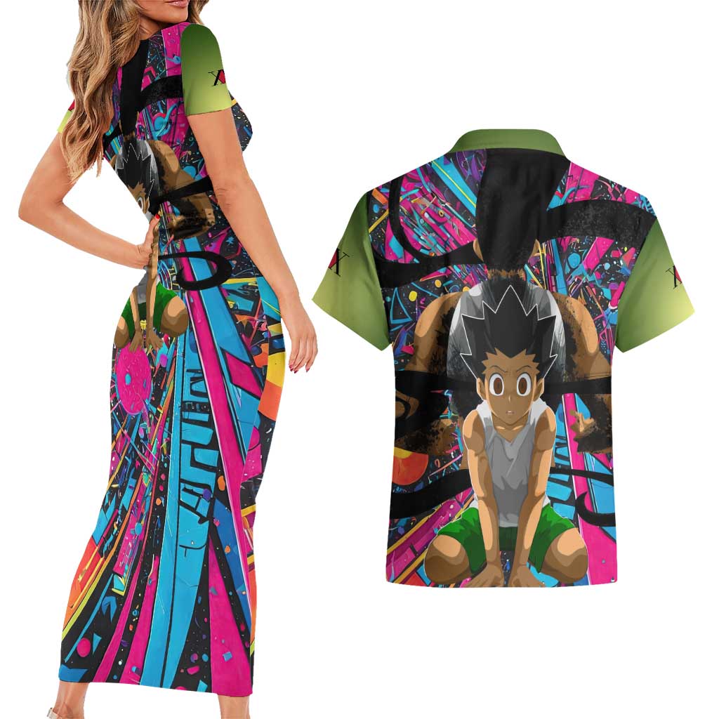 Trippy Gon Freecss Hunter X Hunter Couples Matching Short Sleeve Bodycon Dress and Hawaiian Shirt Trippy Mix Anime Style - The Mazicc