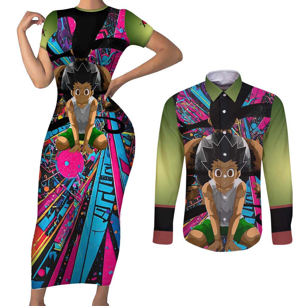 Trippy Gon Freecss Hunter X Hunter Couples Matching Short Sleeve Bodycon Dress and Long Sleeve Button Shirt Trippy Mix Anime Style - The Mazicc