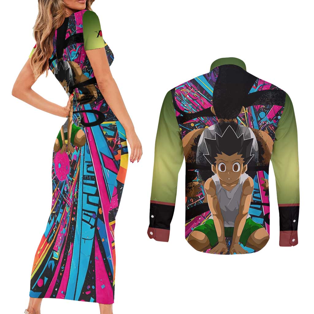 Trippy Gon Freecss Hunter X Hunter Couples Matching Short Sleeve Bodycon Dress and Long Sleeve Button Shirt Trippy Mix Anime Style - The Mazicc