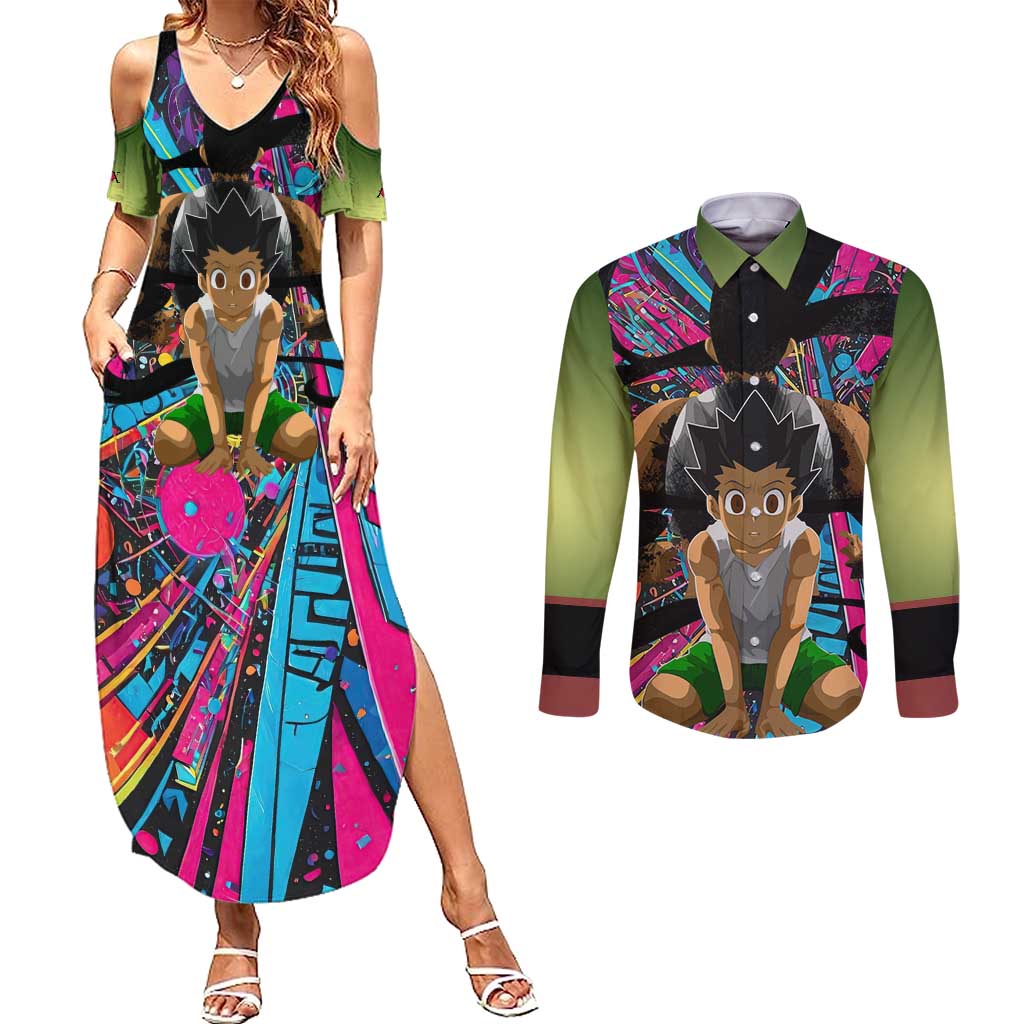 Trippy Gon Freecss Hunter X Hunter Couples Matching Summer Maxi Dress and Long Sleeve Button Shirt Trippy Mix Anime Style - The Mazicc