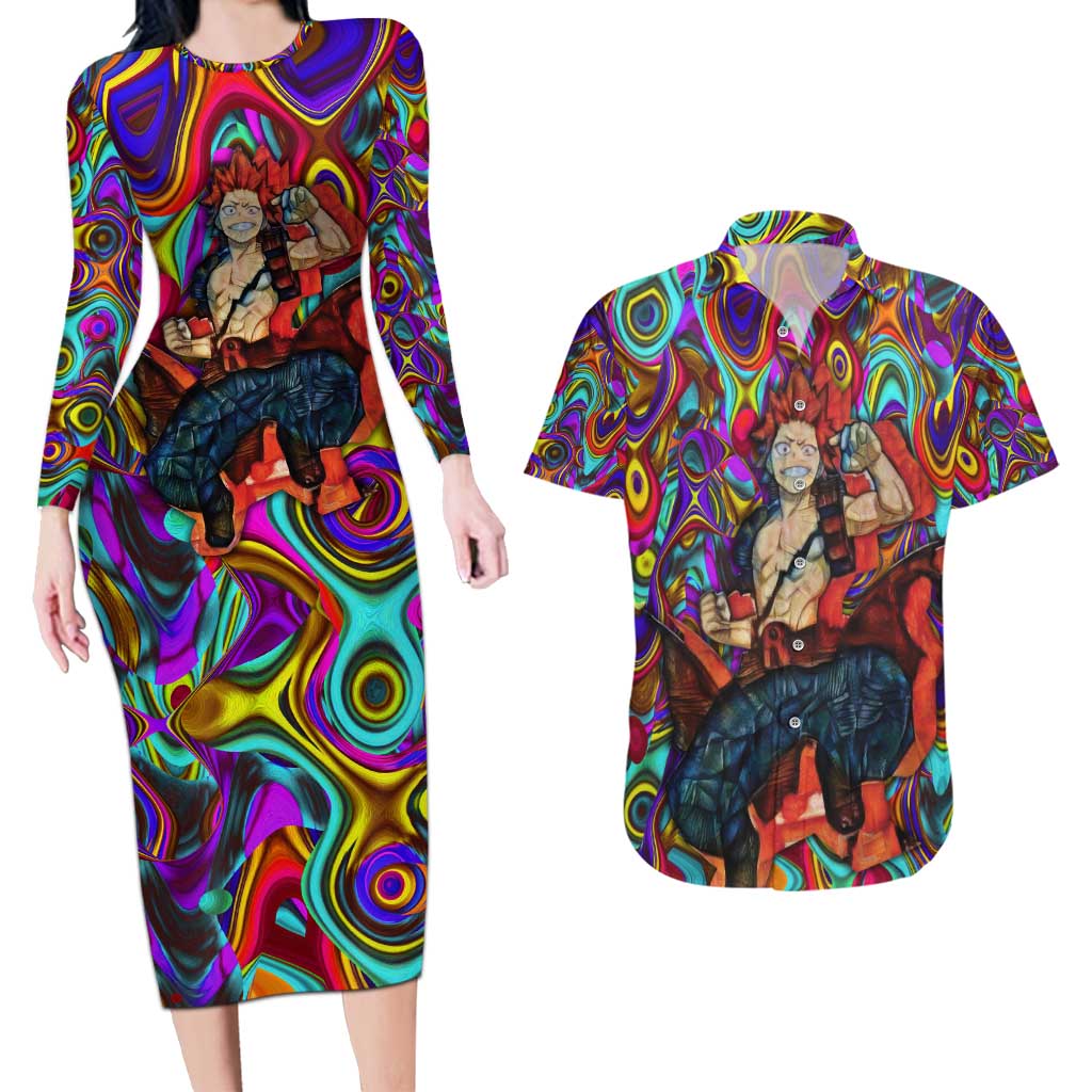 Trippy Kirishima Red Riot My Hero Academia Couples Matching Long Sleeve Bodycon Dress and Hawaiian Shirt Trippy Mix Anime Style - The Mazicc