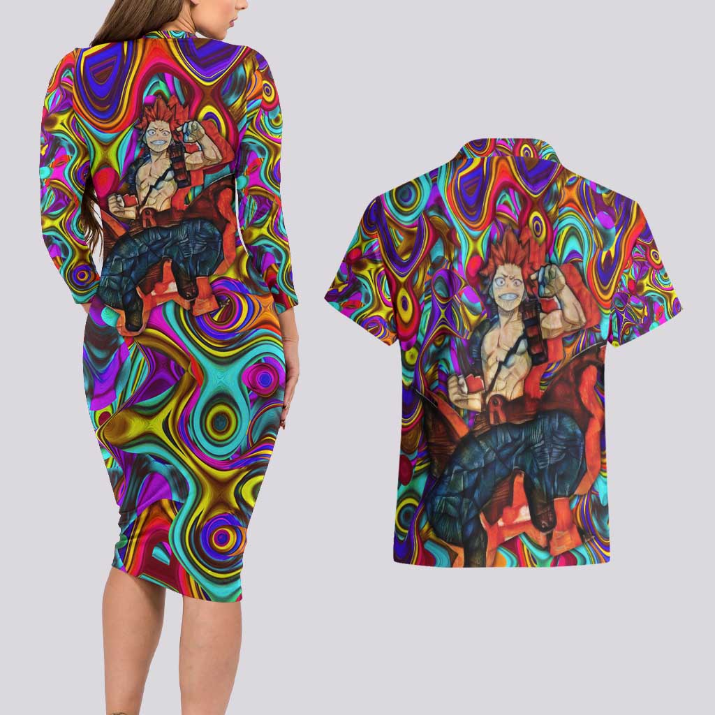 Trippy Kirishima Red Riot My Hero Academia Couples Matching Long Sleeve Bodycon Dress and Hawaiian Shirt Trippy Mix Anime Style - The Mazicc