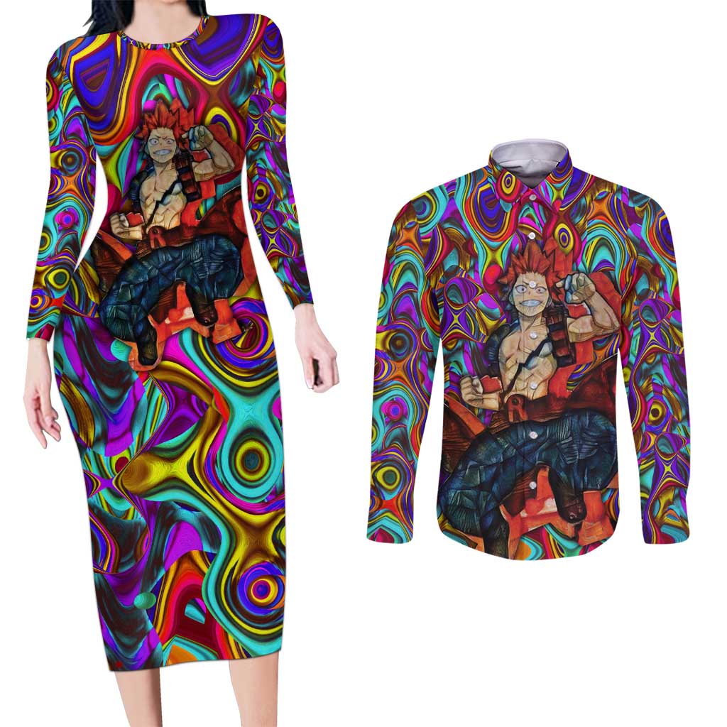 Trippy Kirishima Red Riot My Hero Academia Couples Matching Long Sleeve Bodycon Dress and Long Sleeve Button Shirt Trippy Mix Anime Style - The Mazicc