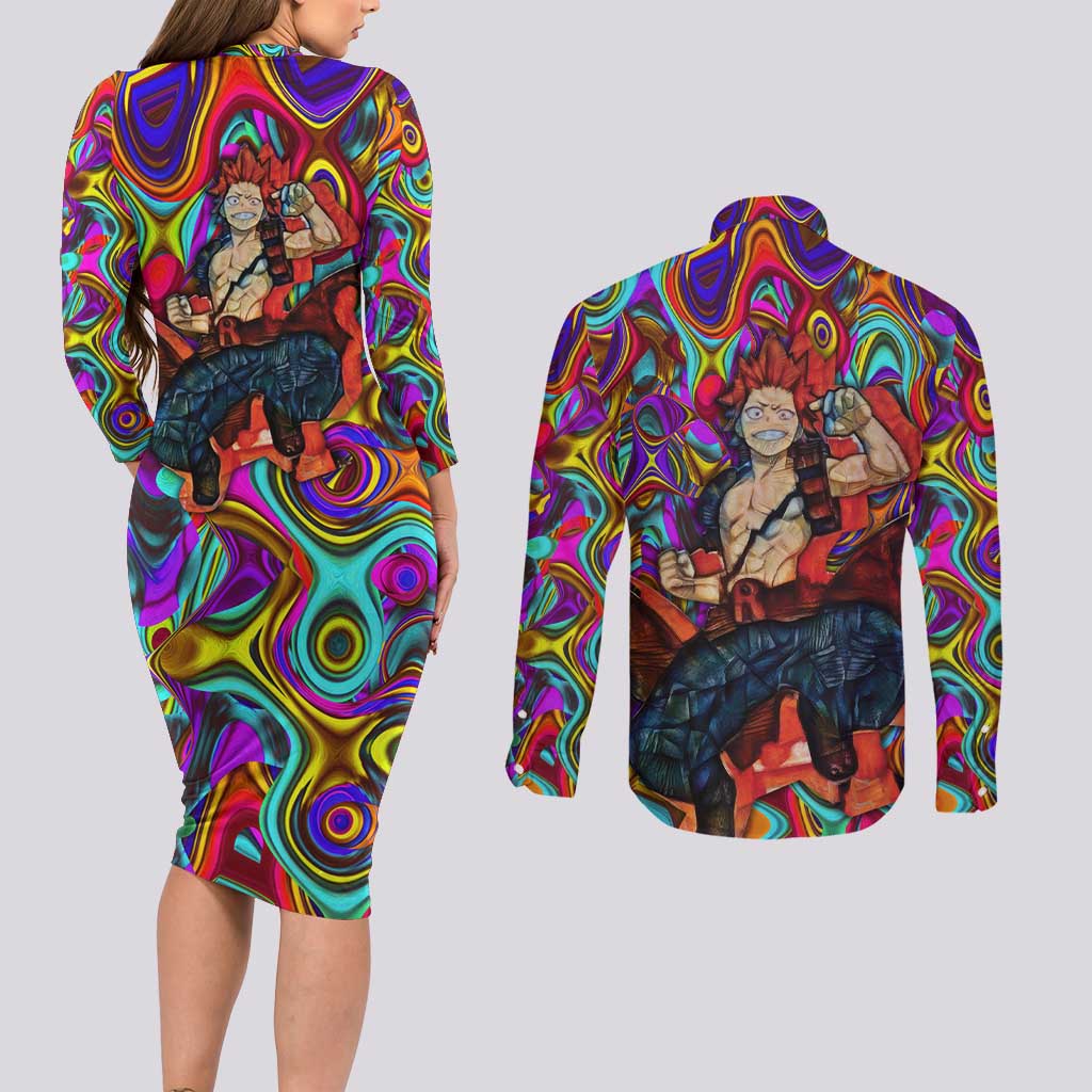 Trippy Kirishima Red Riot My Hero Academia Couples Matching Long Sleeve Bodycon Dress and Long Sleeve Button Shirt Trippy Mix Anime Style - The Mazicc