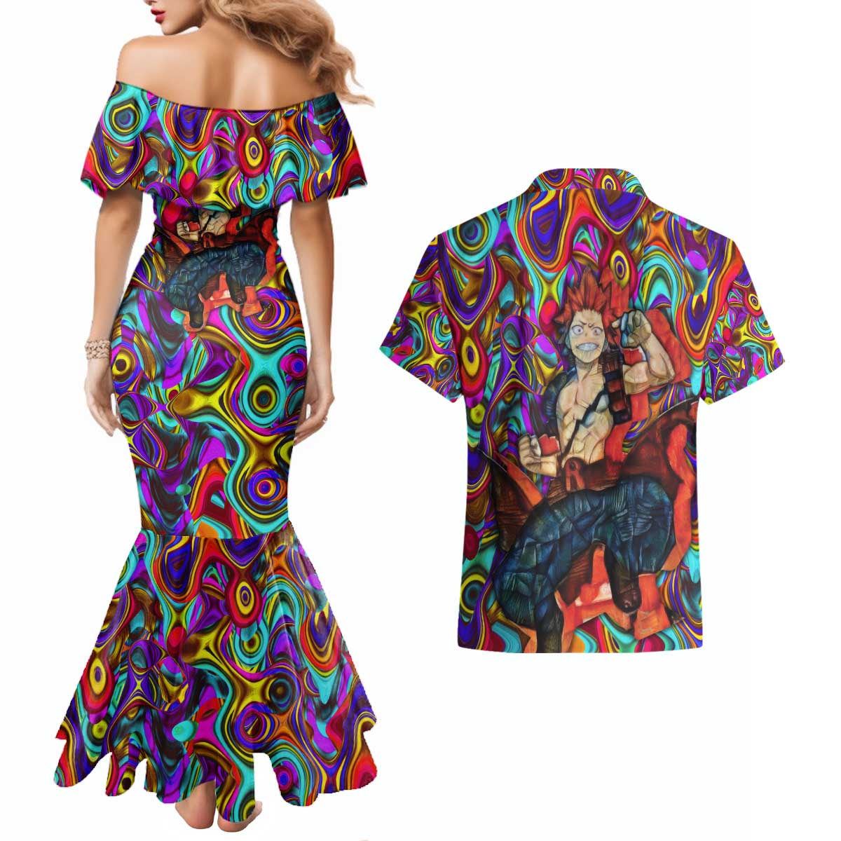 Trippy Kirishima Red Riot My Hero Academia Couples Matching Mermaid Dress and Hawaiian Shirt Trippy Mix Anime Style - The Mazicc