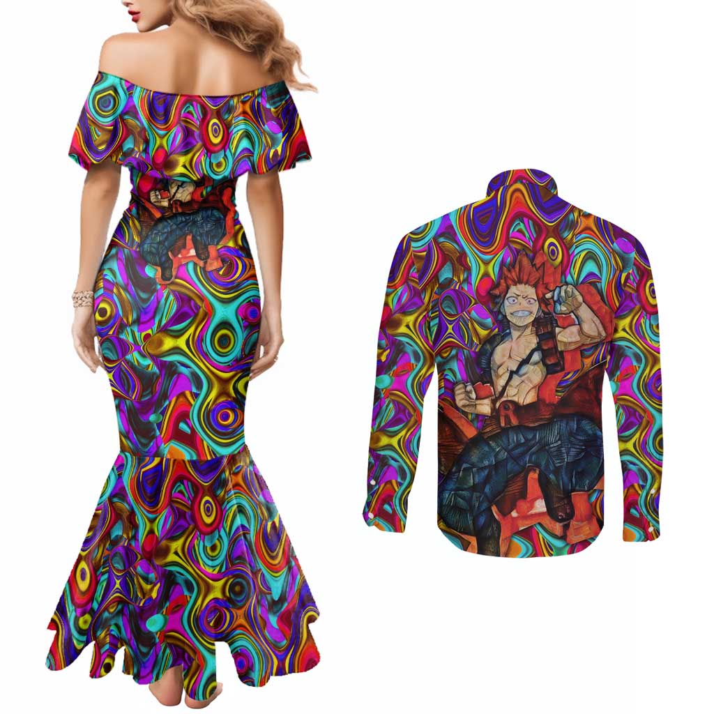 Trippy Kirishima Red Riot My Hero Academia Couples Matching Mermaid Dress and Long Sleeve Button Shirt Trippy Mix Anime Style - The Mazicc