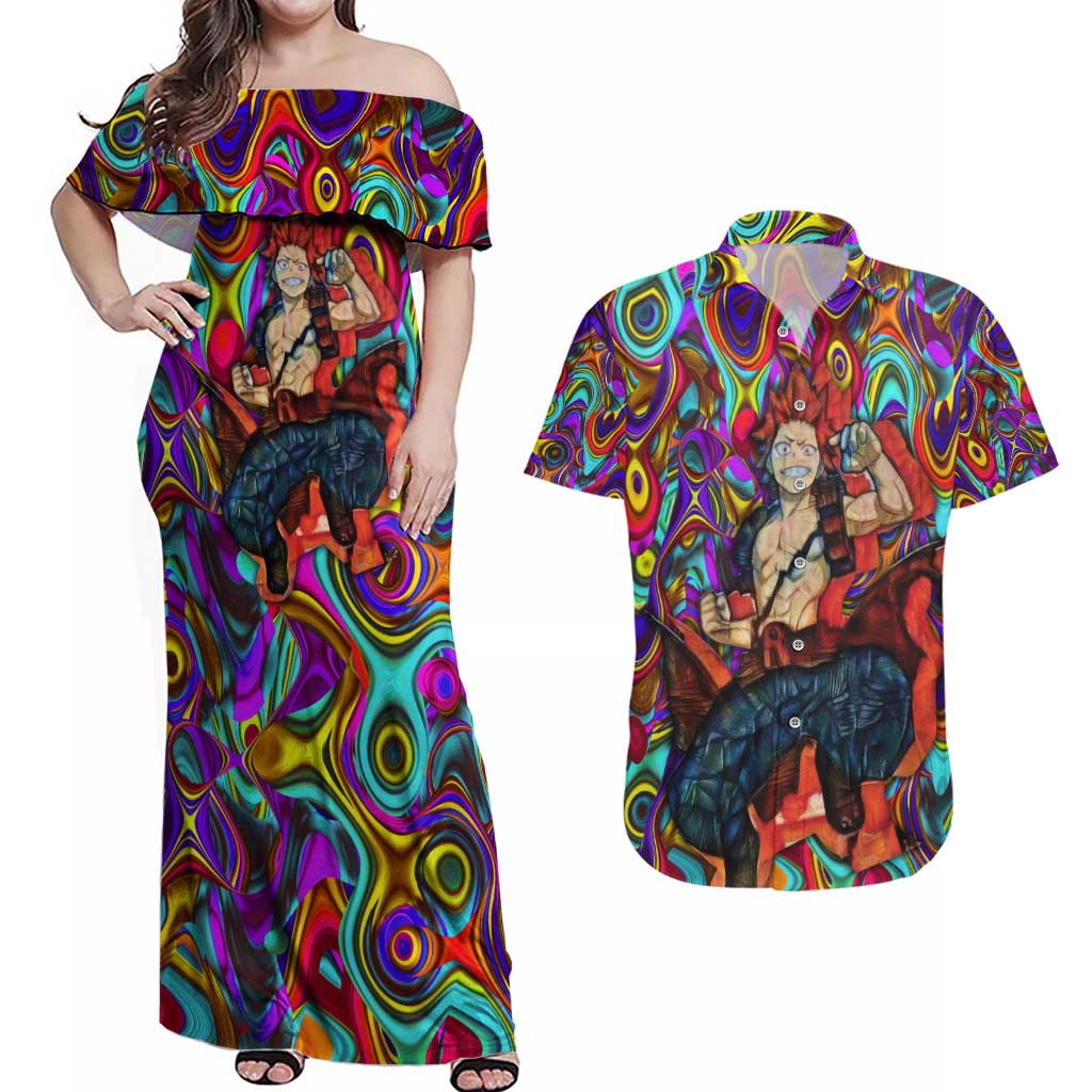 Trippy Kirishima Red Riot My Hero Academia Couples Matching Off Shoulder Maxi Dress and Hawaiian Shirt Trippy Mix Anime Style - The Mazicc