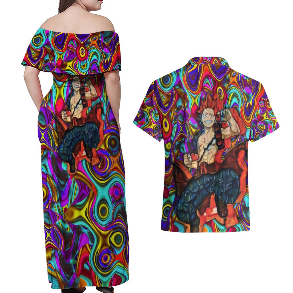 Trippy Kirishima Red Riot My Hero Academia Couples Matching Off Shoulder Maxi Dress and Hawaiian Shirt Trippy Mix Anime Style - The Mazicc