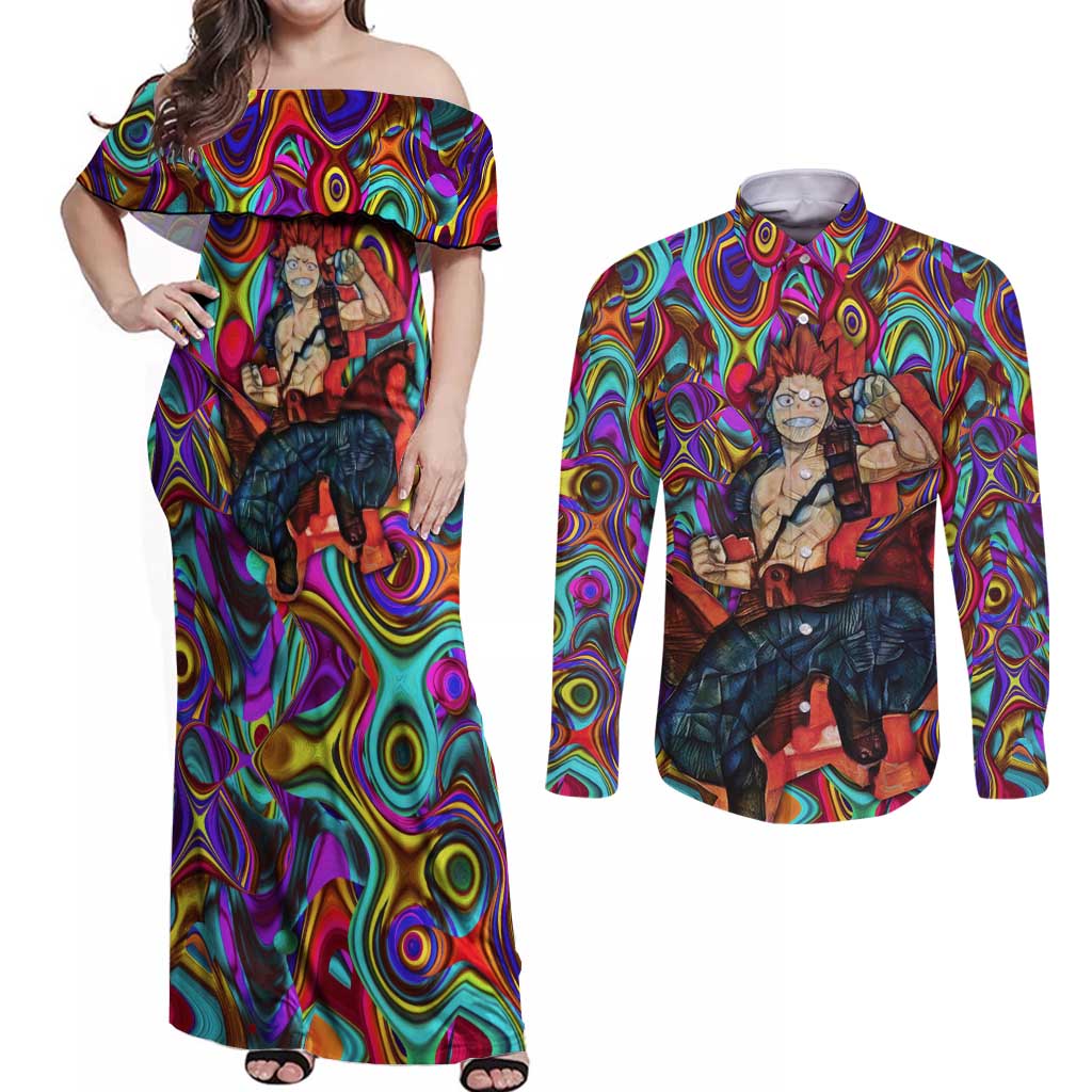 Trippy Kirishima Red Riot My Hero Academia Couples Matching Off Shoulder Maxi Dress and Long Sleeve Button Shirt Trippy Mix Anime Style - The Mazicc