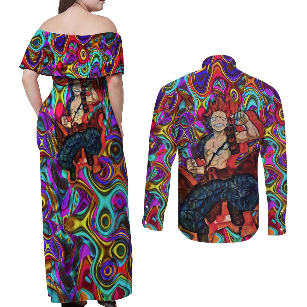 Trippy Kirishima Red Riot My Hero Academia Couples Matching Off Shoulder Maxi Dress and Long Sleeve Button Shirt Trippy Mix Anime Style - The Mazicc