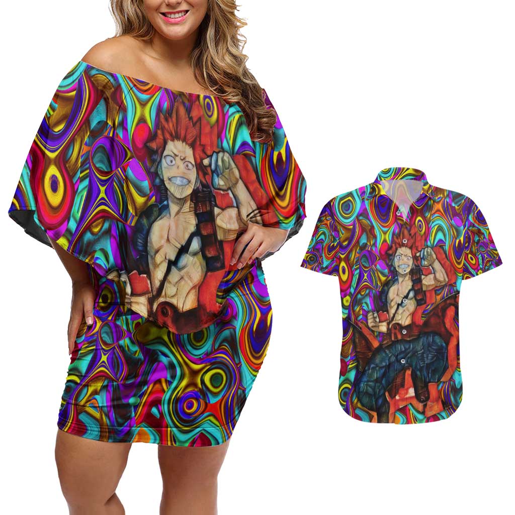Trippy Kirishima Red Riot My Hero Academia Couples Matching Off Shoulder Short Dress and Hawaiian Shirt Trippy Mix Anime Style - The Mazicc