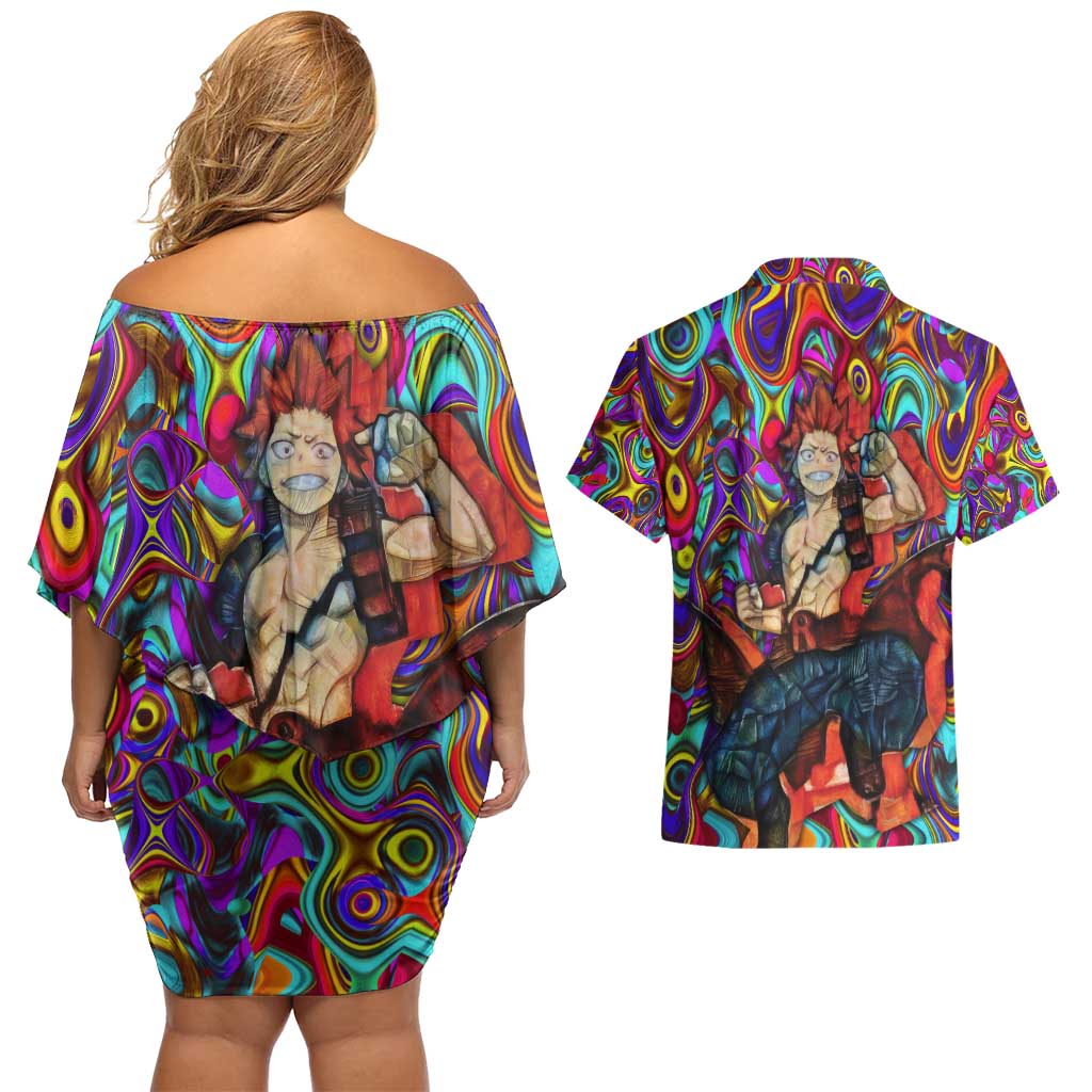 Trippy Kirishima Red Riot My Hero Academia Couples Matching Off Shoulder Short Dress and Hawaiian Shirt Trippy Mix Anime Style - The Mazicc