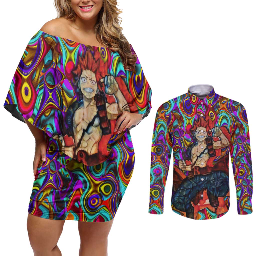 Trippy Kirishima Red Riot My Hero Academia Couples Matching Off Shoulder Short Dress and Long Sleeve Button Shirt Trippy Mix Anime Style - The Mazicc