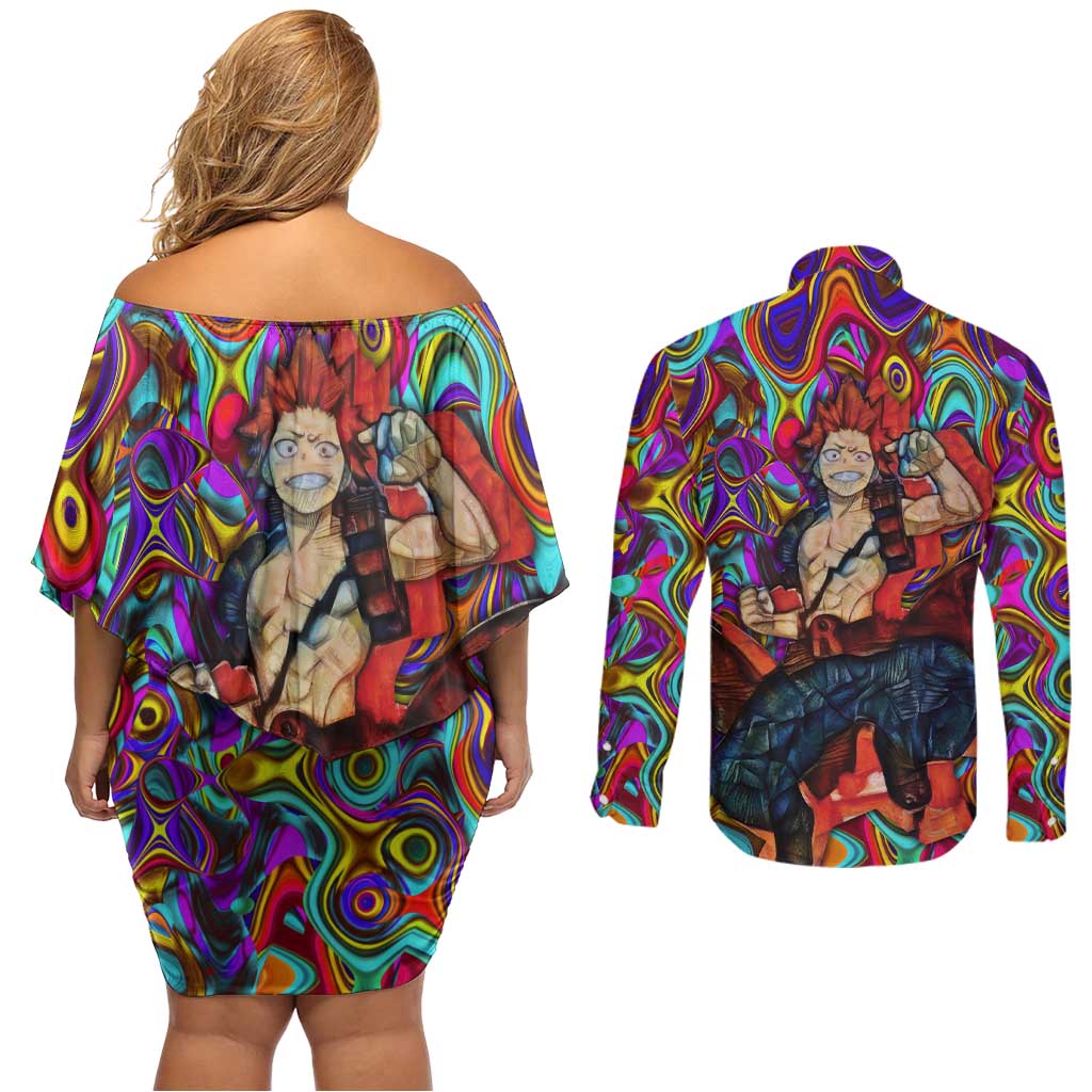 Trippy Kirishima Red Riot My Hero Academia Couples Matching Off Shoulder Short Dress and Long Sleeve Button Shirt Trippy Mix Anime Style - The Mazicc