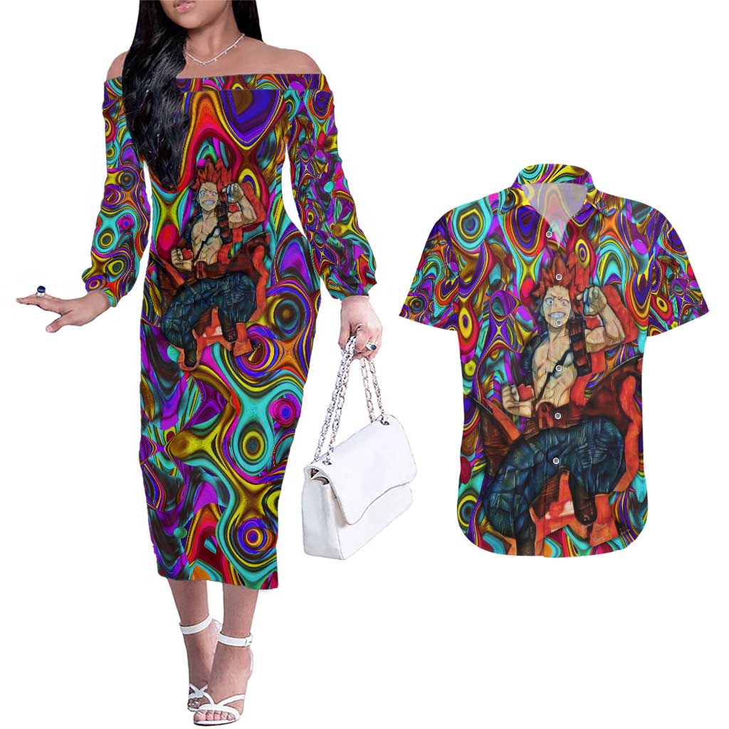 Trippy Kirishima Red Riot My Hero Academia Couples Matching Off The Shoulder Long Sleeve Dress and Hawaiian Shirt Trippy Mix Anime Style - The Mazicc