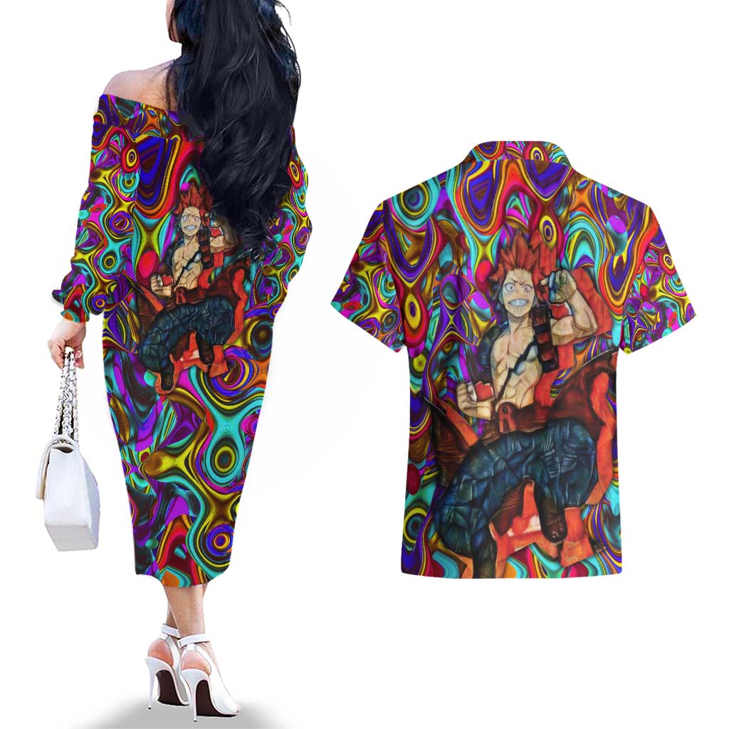 Trippy Kirishima Red Riot My Hero Academia Couples Matching Off The Shoulder Long Sleeve Dress and Hawaiian Shirt Trippy Mix Anime Style - The Mazicc