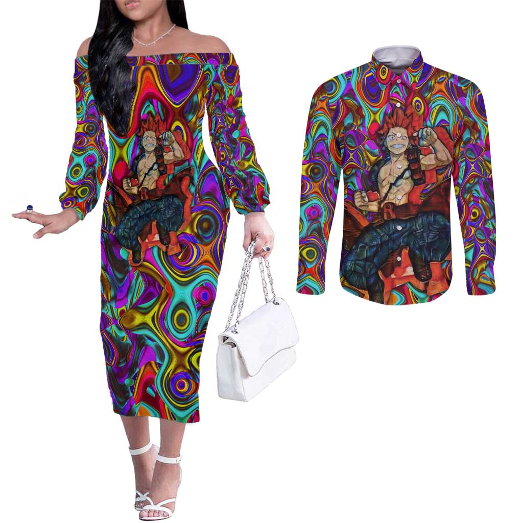 Trippy Kirishima Red Riot My Hero Academia Couples Matching Off The Shoulder Long Sleeve Dress and Long Sleeve Button Shirt Trippy Mix Anime Style - The Mazicc