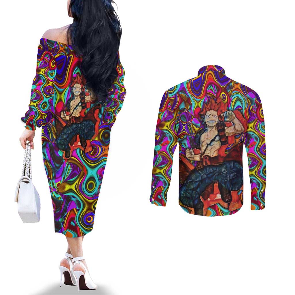 Trippy Kirishima Red Riot My Hero Academia Couples Matching Off The Shoulder Long Sleeve Dress and Long Sleeve Button Shirt Trippy Mix Anime Style - The Mazicc