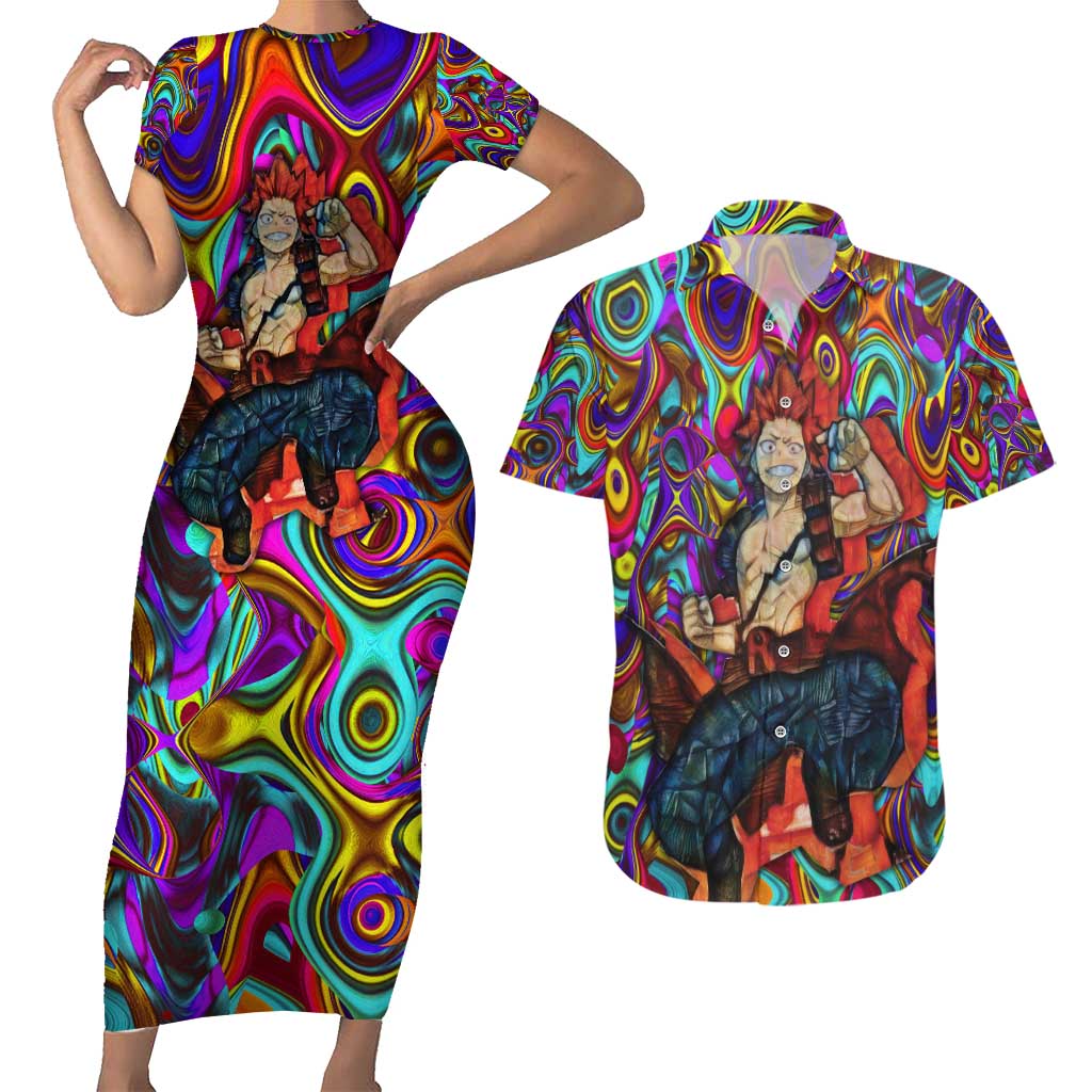 Trippy Kirishima Red Riot My Hero Academia Couples Matching Short Sleeve Bodycon Dress and Hawaiian Shirt Trippy Mix Anime Style - The Mazicc