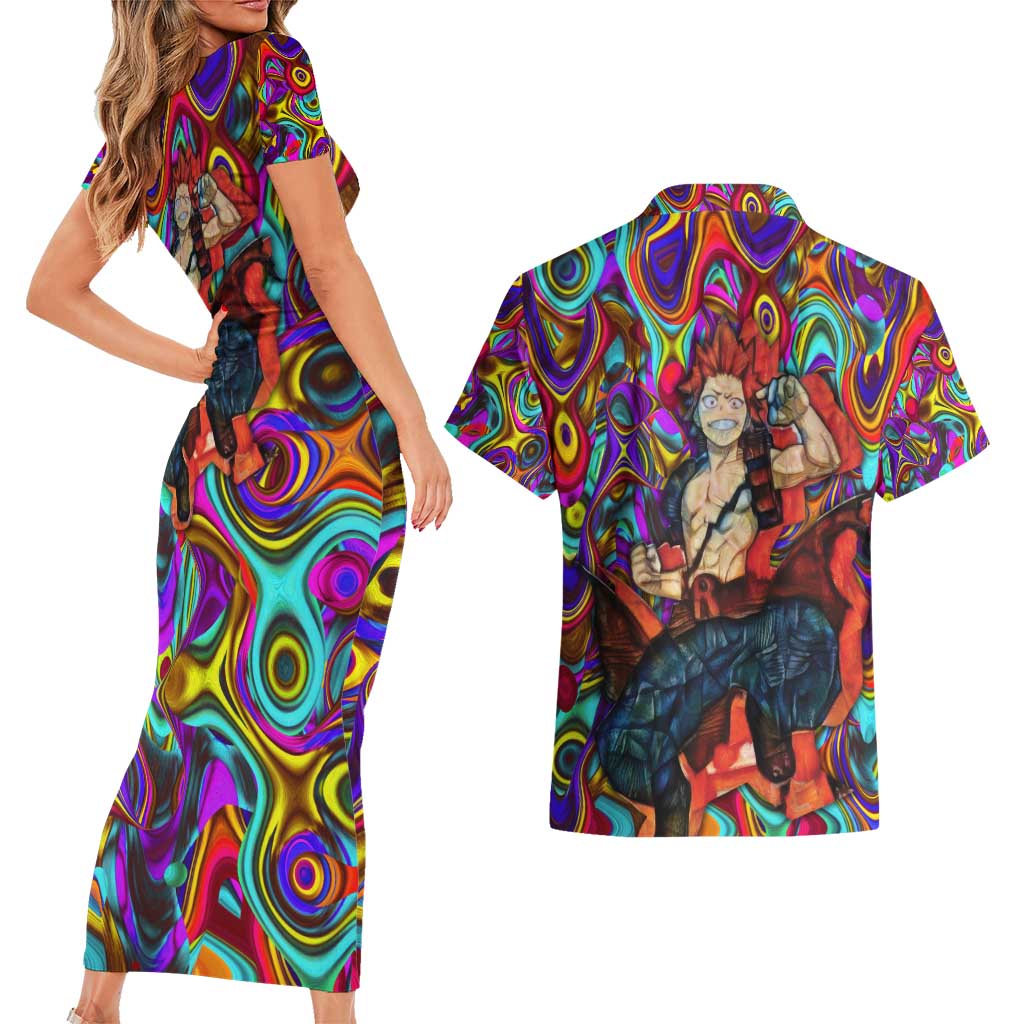 Trippy Kirishima Red Riot My Hero Academia Couples Matching Short Sleeve Bodycon Dress and Hawaiian Shirt Trippy Mix Anime Style - The Mazicc