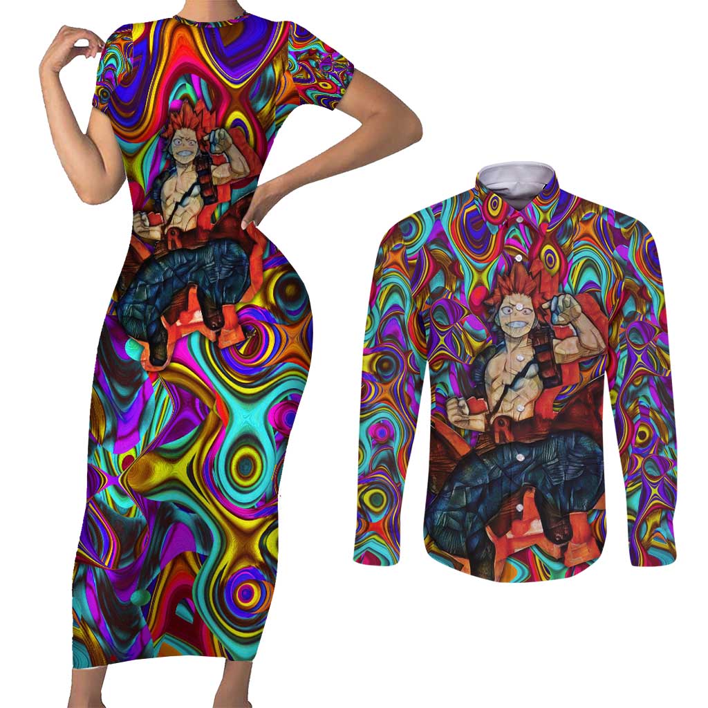 Trippy Kirishima Red Riot My Hero Academia Couples Matching Short Sleeve Bodycon Dress and Long Sleeve Button Shirt Trippy Mix Anime Style - The Mazicc
