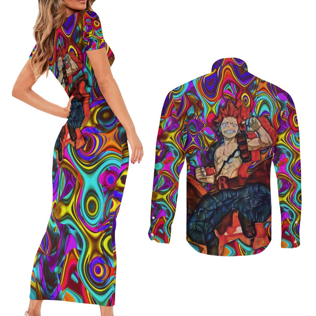 Trippy Kirishima Red Riot My Hero Academia Couples Matching Short Sleeve Bodycon Dress and Long Sleeve Button Shirt Trippy Mix Anime Style - The Mazicc
