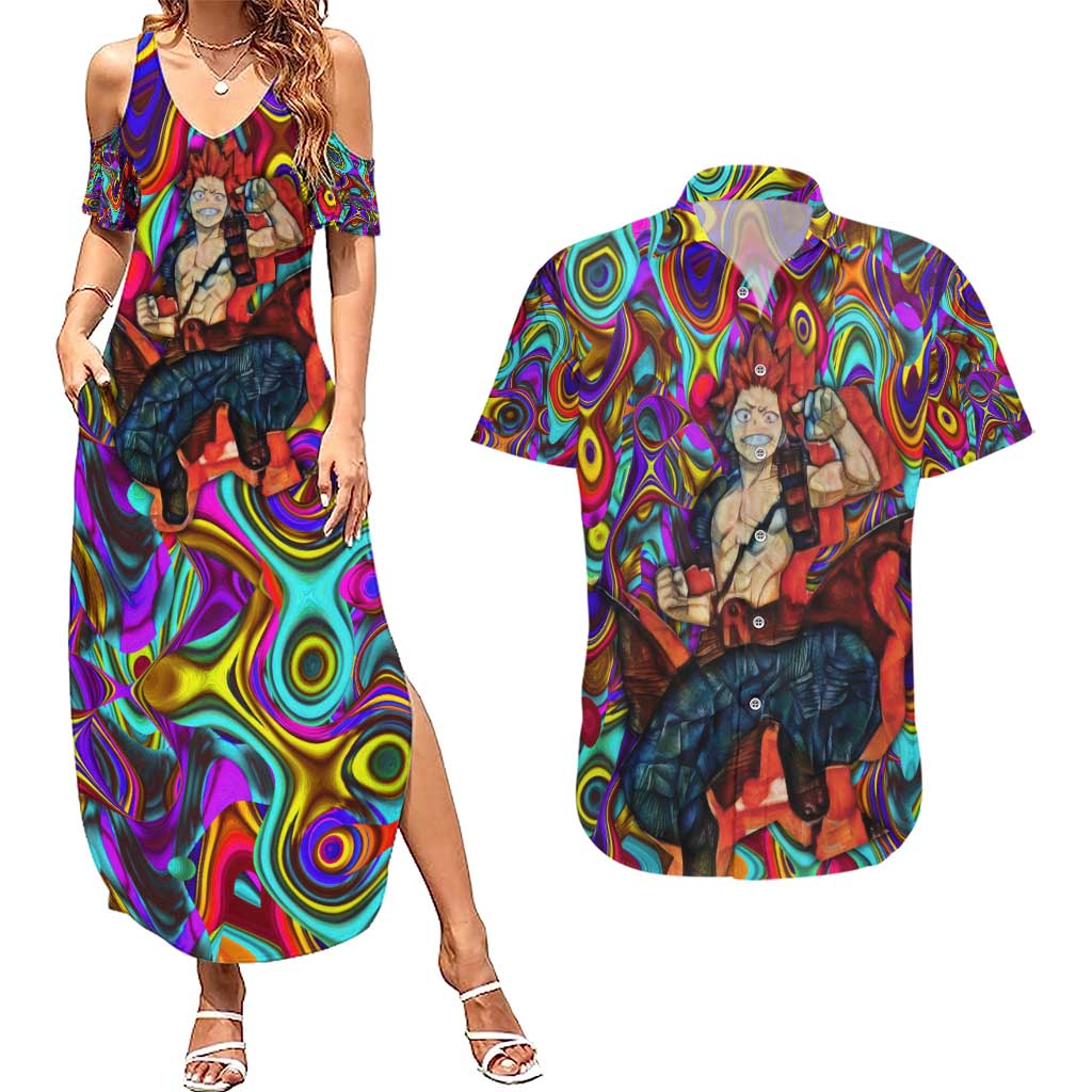 Trippy Kirishima Red Riot My Hero Academia Couples Matching Summer Maxi Dress and Hawaiian Shirt Trippy Mix Anime Style - The Mazicc